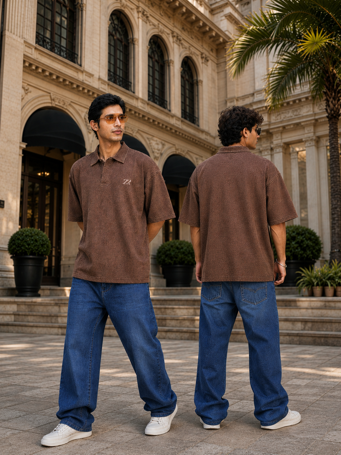 ZYNR CEDAR BROWN TEXTURED OVERSIZED POLO