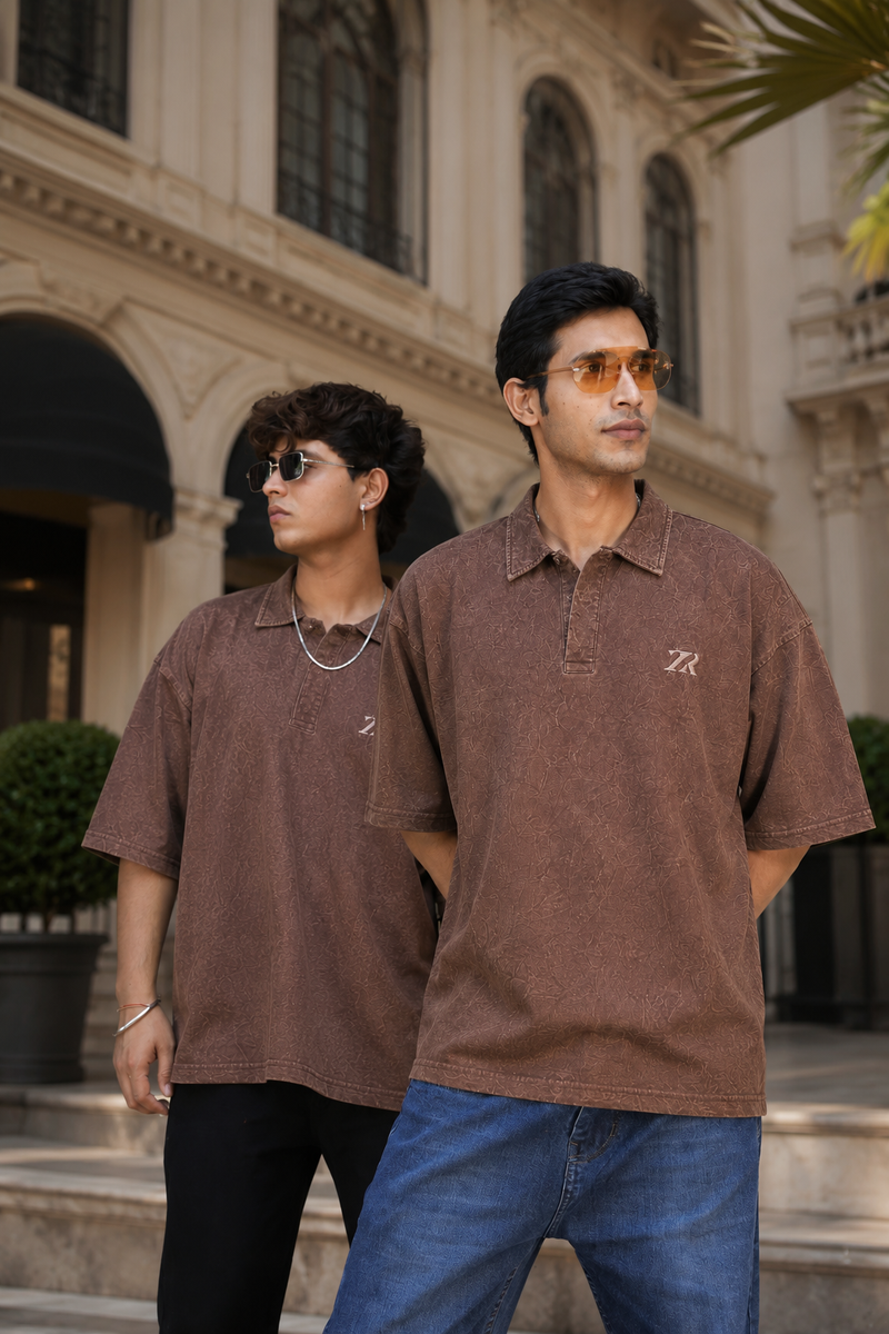 ZYNR CEDAR BROWN TEXTURED OVERSIZED POLO