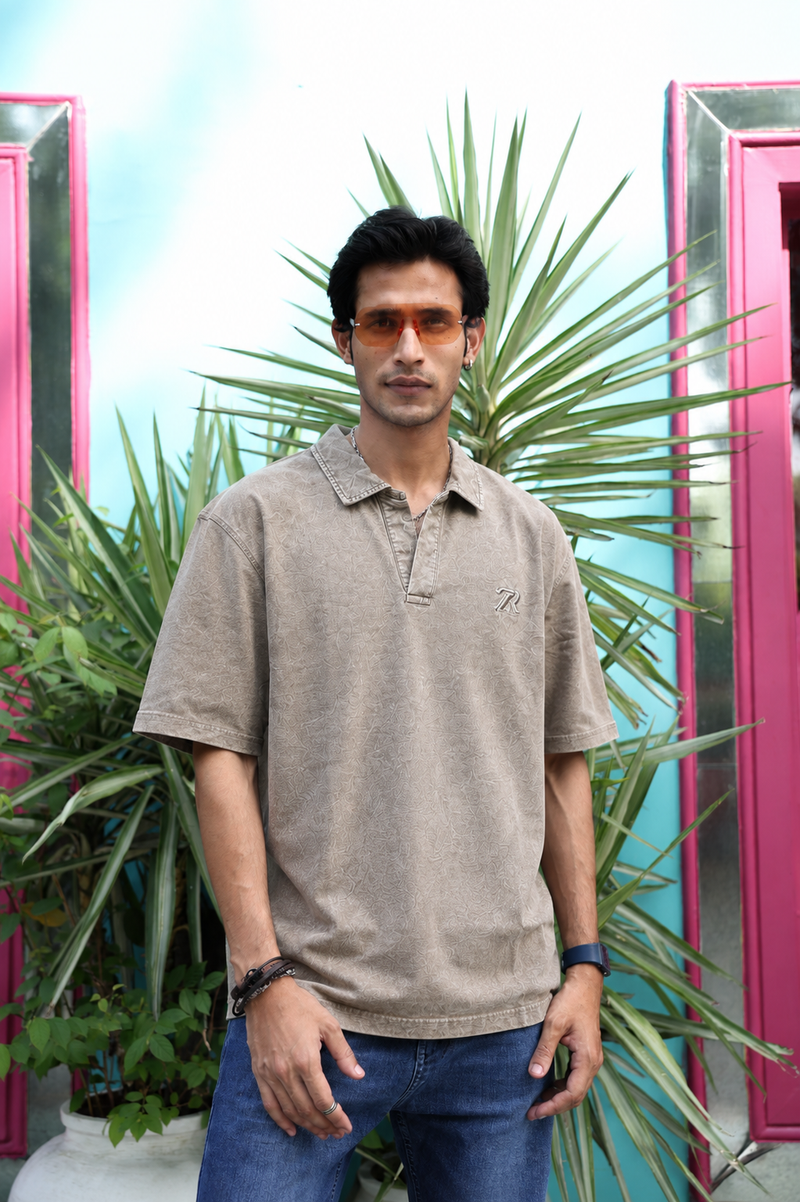 ZYNR STONE MIST TEXTURED OVERSIZED POLO